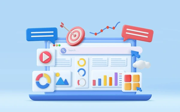 A colorful 3D illustration of a laptop displaying various analytics and SEO-related icons, including charts, a target icon, and speech bubbles, representing data analysis, strategy, and communication.