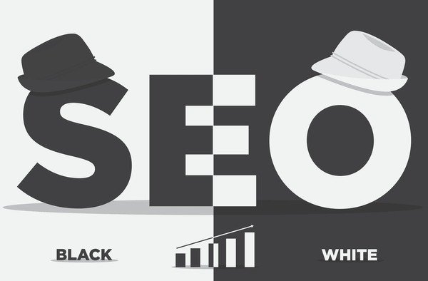 Black and white SEO graphic with hats on each letter representing black hat and white hat SEO.