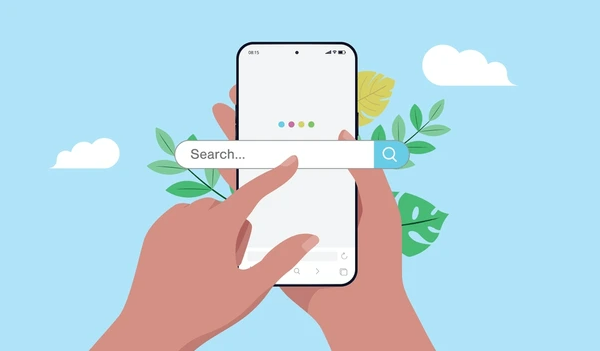 Illustration of hands holding a smartphone with a search bar on the screen.