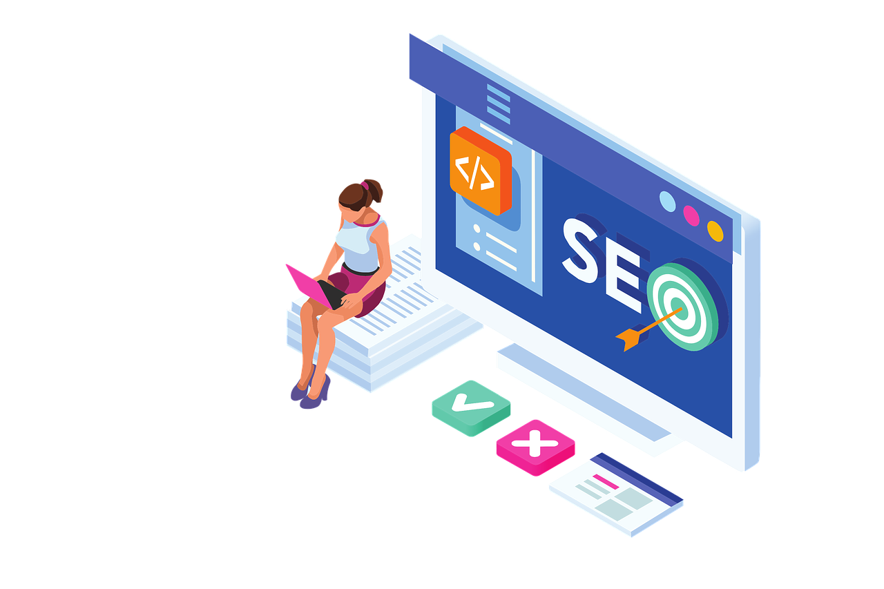 Illustration of a woman sitting on a stack of papers using a laptop next to a large screen displaying SEO-related icons and a target. The screen prominently features the text "SEO" with a bullseye, indicating a focus on search engine optimization and local SEO.