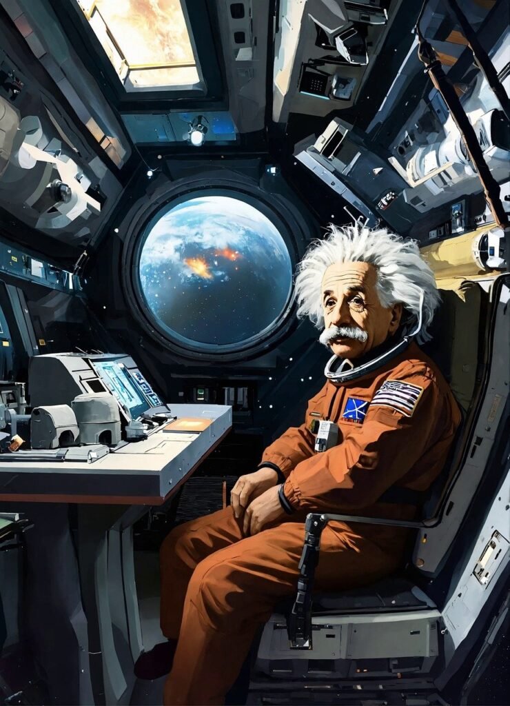 deepfake Albert Einstein sitting in a space shuttle wearing an astronaut suit.