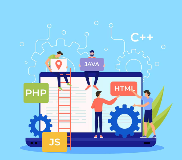 Custom software development illustration with characters building a system on a laptop, using tools like Java, PHP, HTML, and C++ to highlight app development.