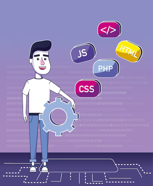 custom software development is illustrated through A man stands at a  cyberspace, smiling. Around him are floating icons representing programming languages and tools such as JavaScript, CSS, C++, PHP, HTML, and CMS. The background is a modern workspace with minimalistic decor.