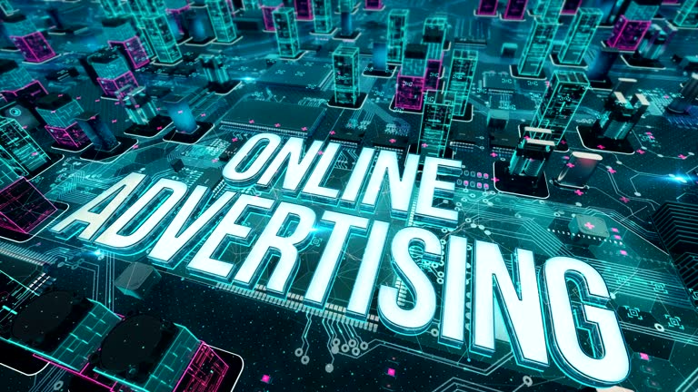 The image showcases the words "ONLINE ADVERTISING" prominently displayed in a glowing, futuristic font. The background features a digital, high-tech aesthetic, with circuit board-like patterns and interconnected glowing nodes, resembling a virtual network or data flow. Bright neon colors such as teal and pink emphasize the technological theme.