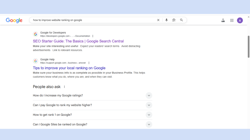 Google search results page illustrating how to rank on Google